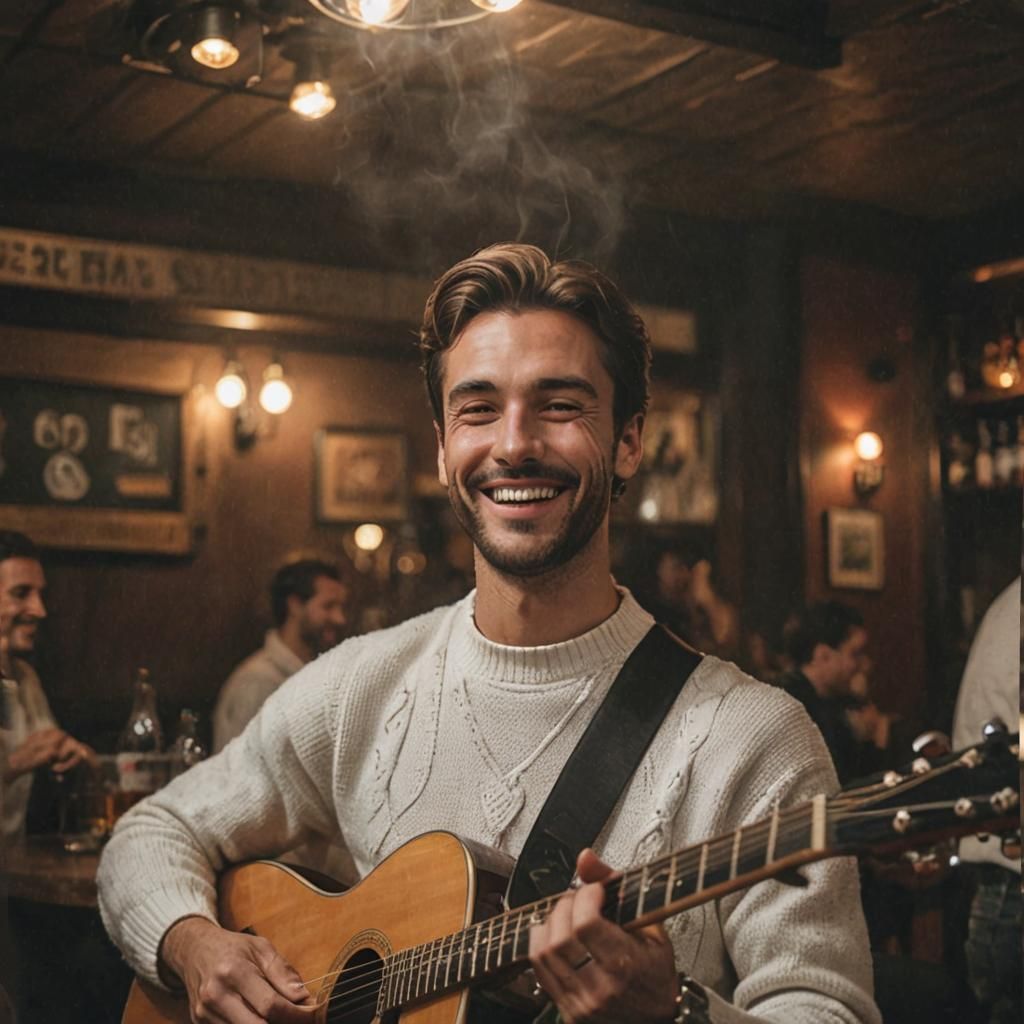 Man Plays Guitar in Smokey Bar
