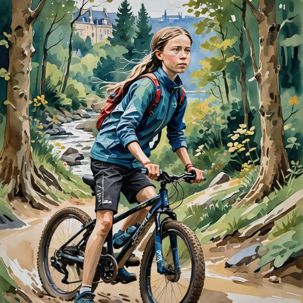 Greta Thunberg Mountain Biker, Impressionist Gouache Style