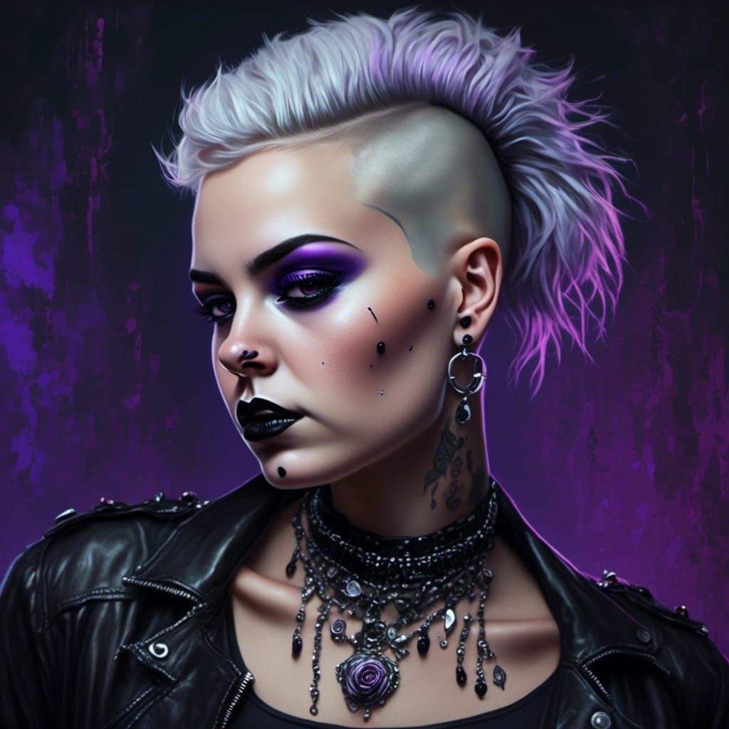 Gothic Woman Portrait with Silver Hair and Piercings
