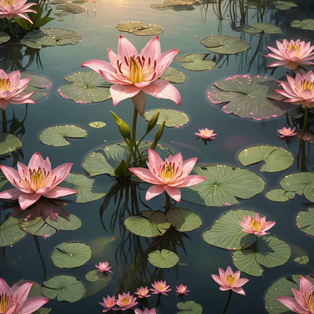Pink Glass Lily in Misty Pond: Fantasy Art