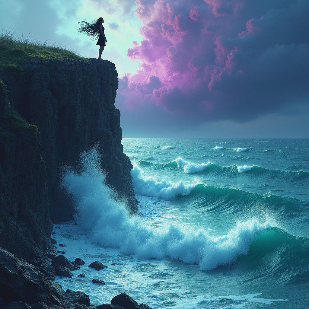 Woman Silhouette at Stormy Cliff Edge in Digital Art