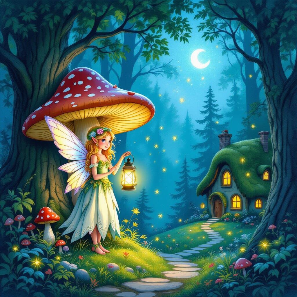 Whimsical Fairy with Lantern in Enchanted Forest