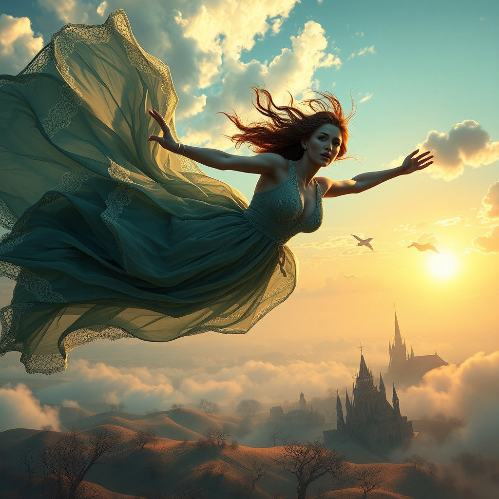 Woman Falling Through Clouds in Silky Blue-Green Dress
