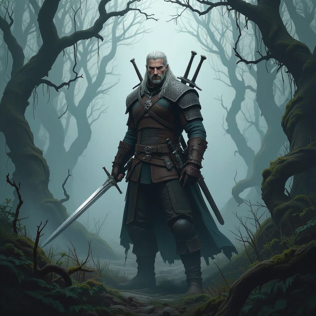 Geralt of Rivia in Misty Forest, Digital Painting