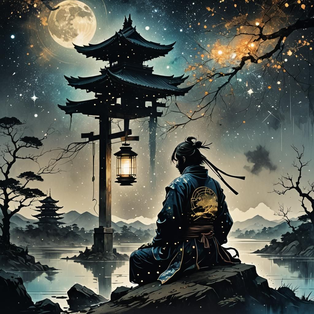 Samurai Silhouette Under Galaxy Sky in Japanese Landscape
