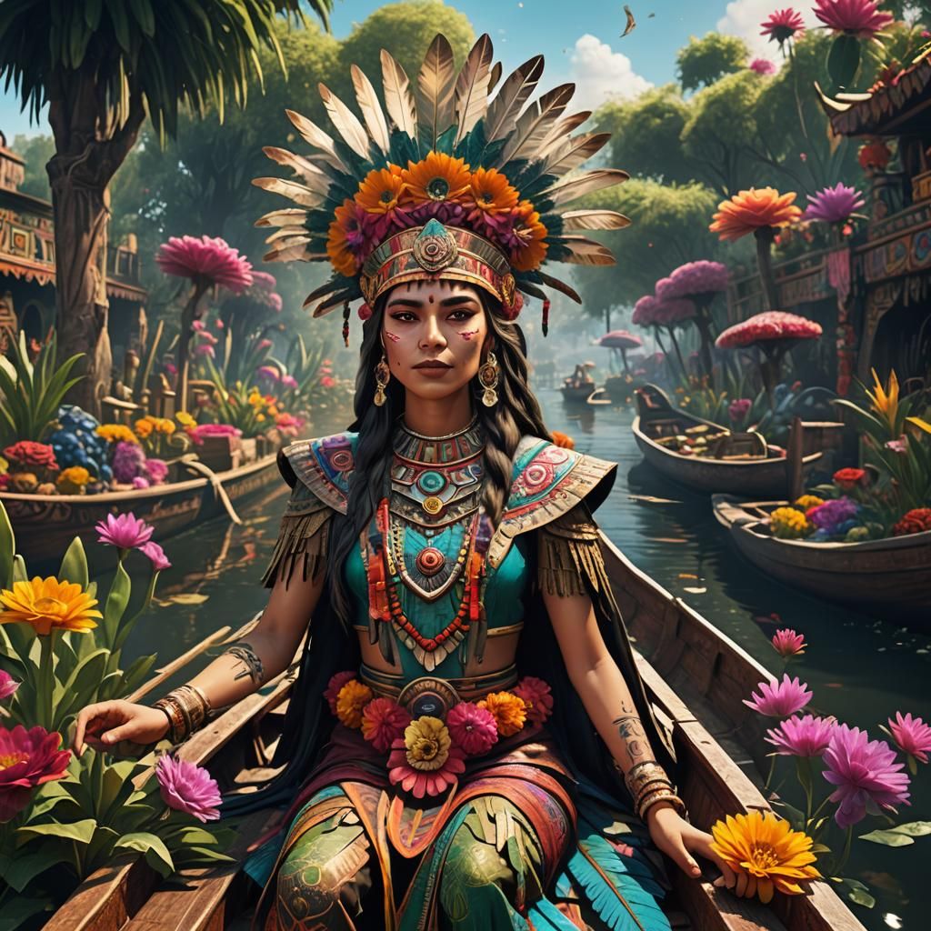 Aztec Princess on Flower Boat: Fantasy Art