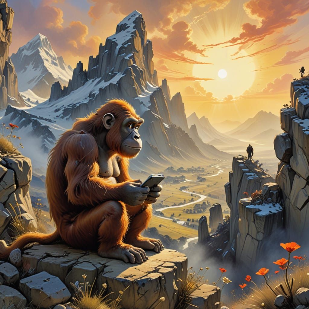 Whimsical Ape Plays Video Games Under Setting Sun