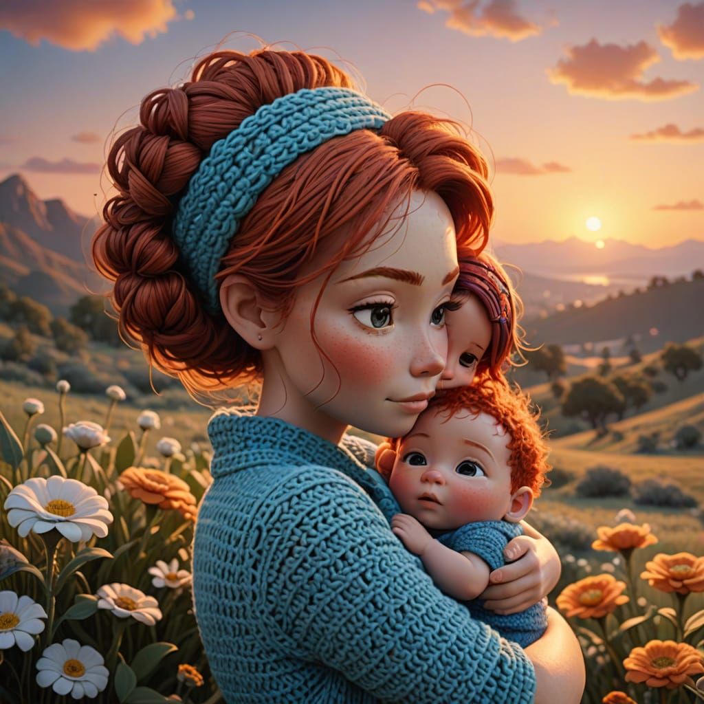 Cozy Crocheted Baby Hugs Mom: Pixar-Inspired 3D Art