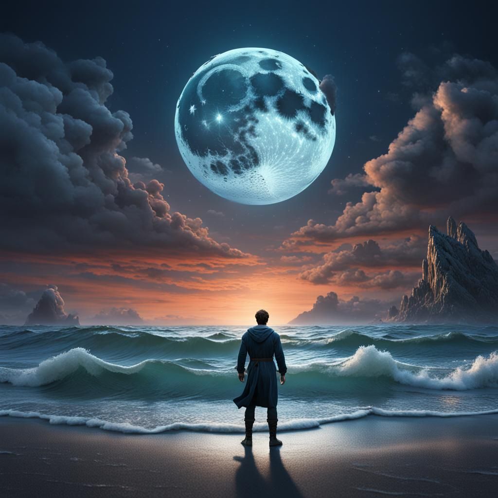 Ocean Beach Moonset in Detailed Matte Painting