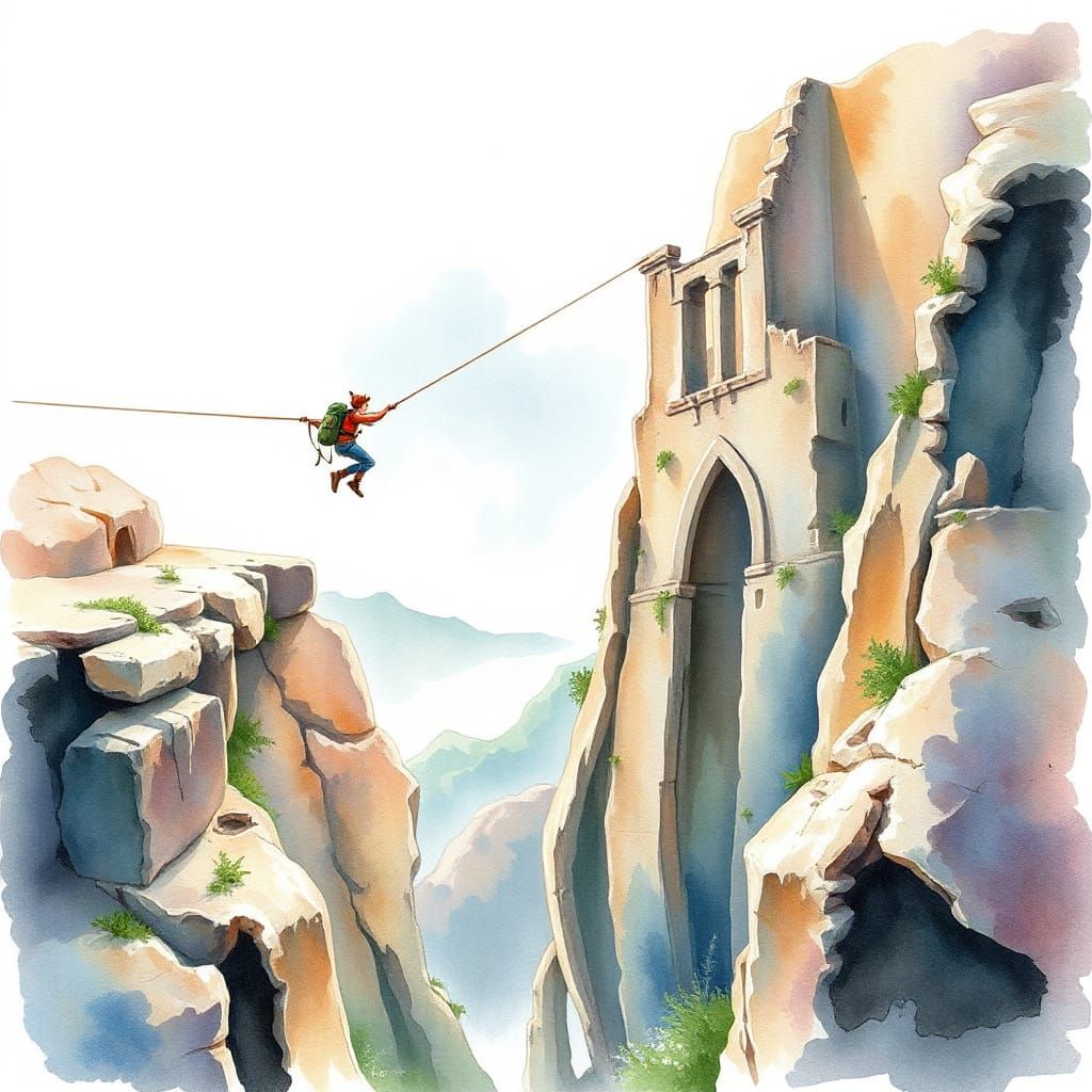 Whimsical Watercolor Adventurer Crossing a Treacherous Canyo...