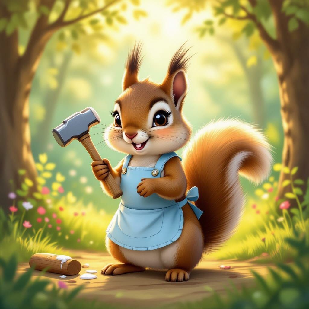 Feminine Squirrel Holds Hammer in Golden Hour Forest