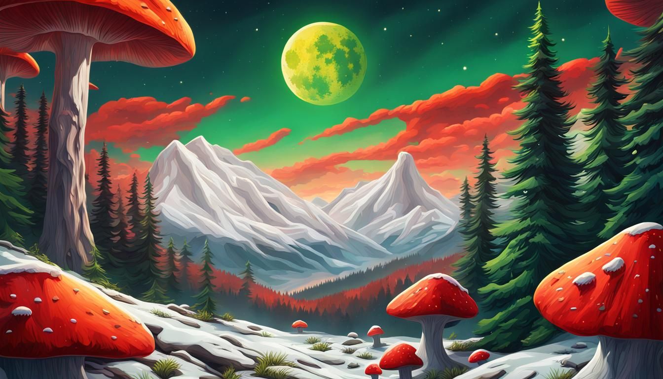 Snowy Mountains and Red Mushrooms Hyperrealistic Landscape