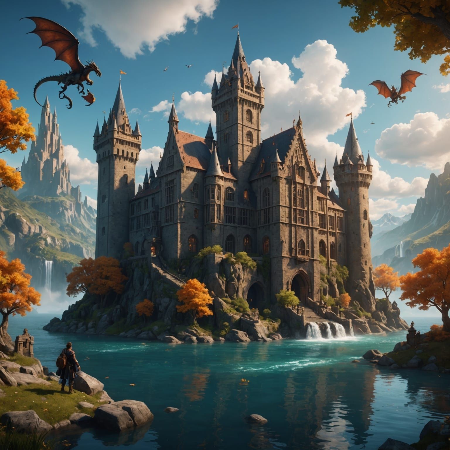 Magical School with Dragons and Elemental Towers