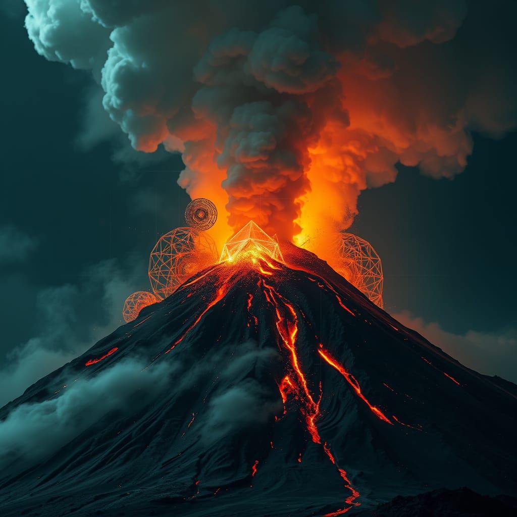Surreal Volcano Eruption with Geometric Light Structures