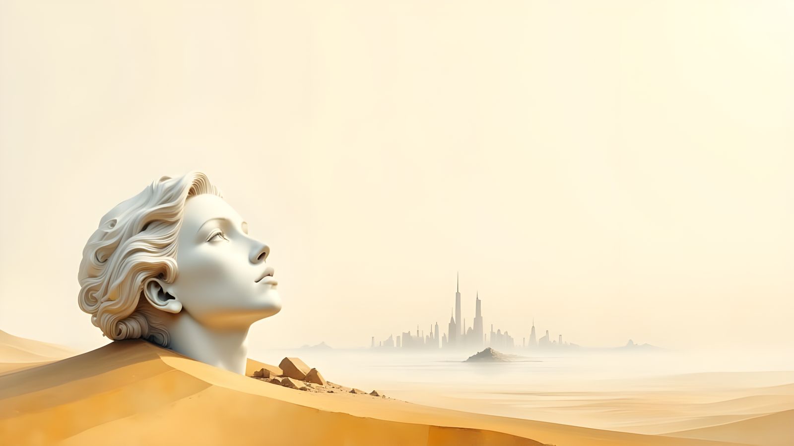 Minimalist Sand Statue and Distant City