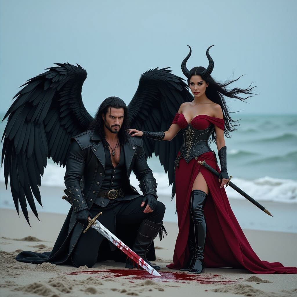 Epic Warrior and Goddess on a Dramatic Battlefield