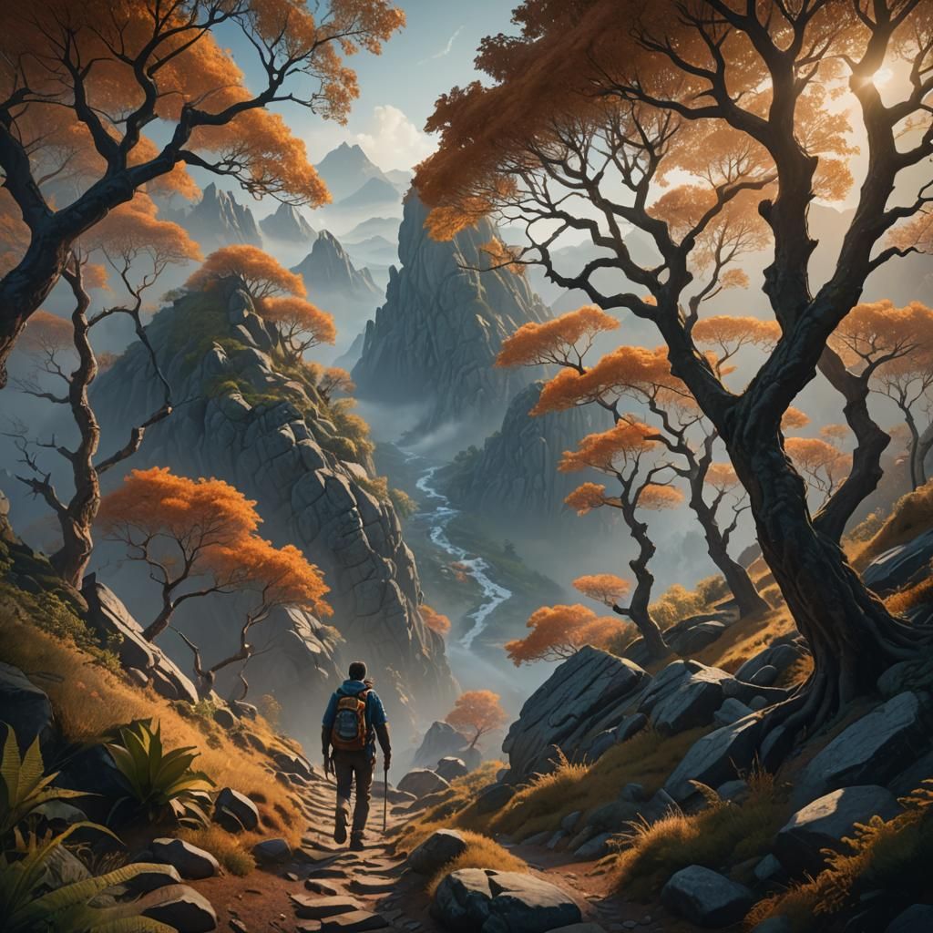 Hiker in Misty Mountain Range, Matte Painting