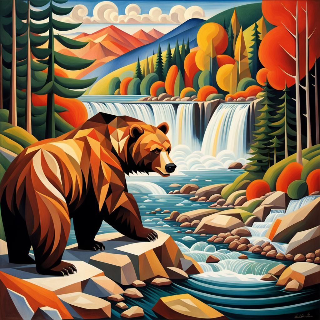 Grizzly Salmon Catch: Abstract Cubist River Scene