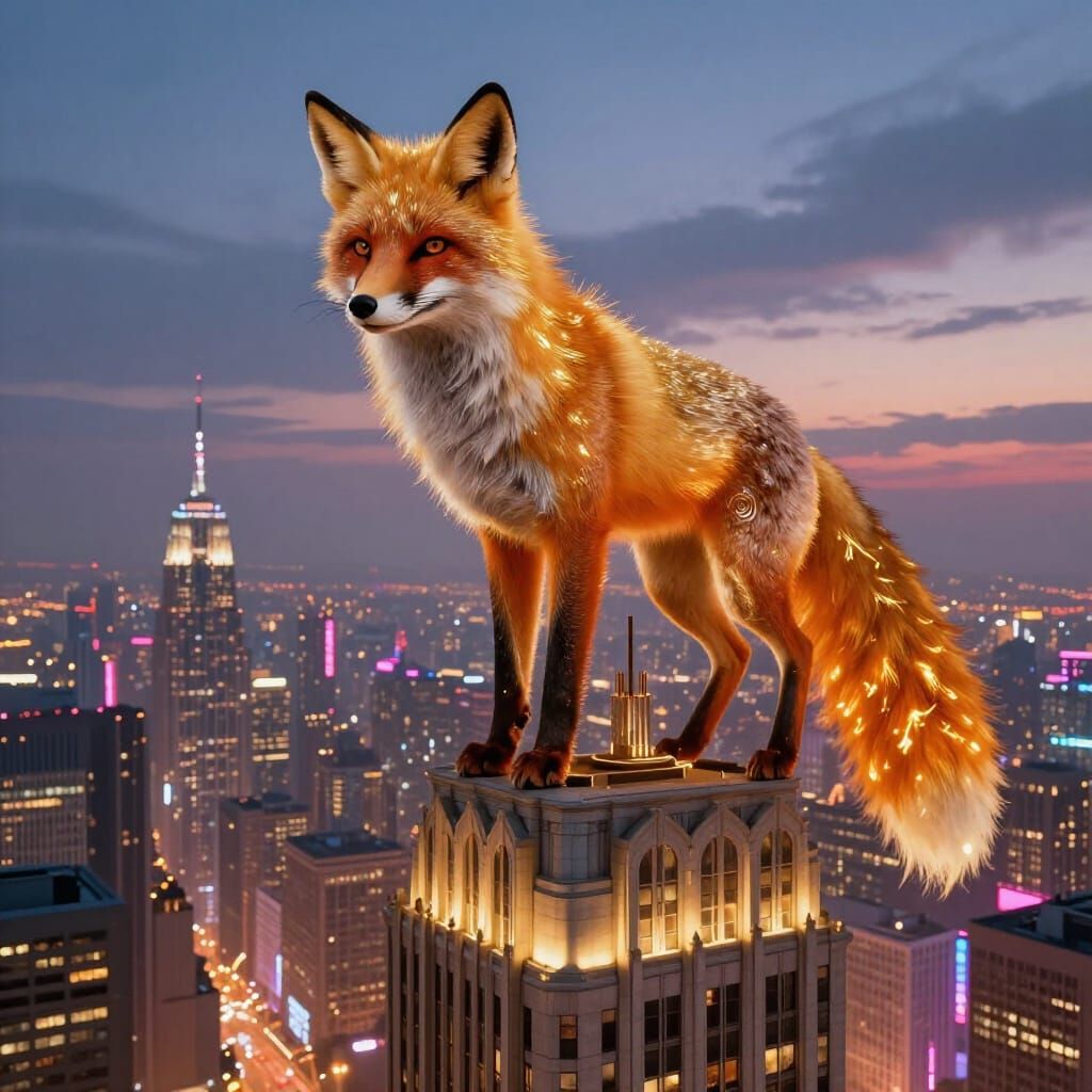 Colossal Golden Fox Over Art Deco Metropolis