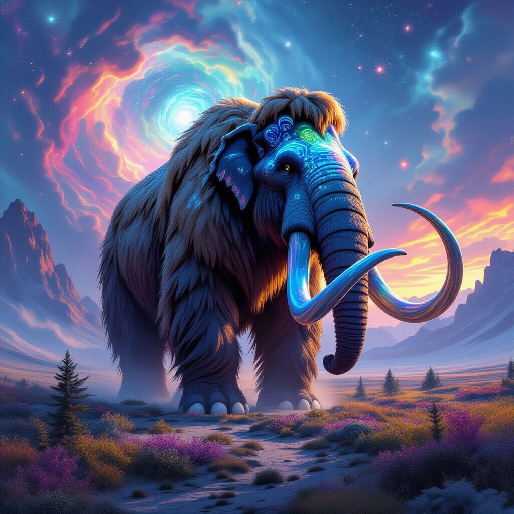 Bioluminescent Mammoth in Surreal Digital Landscape