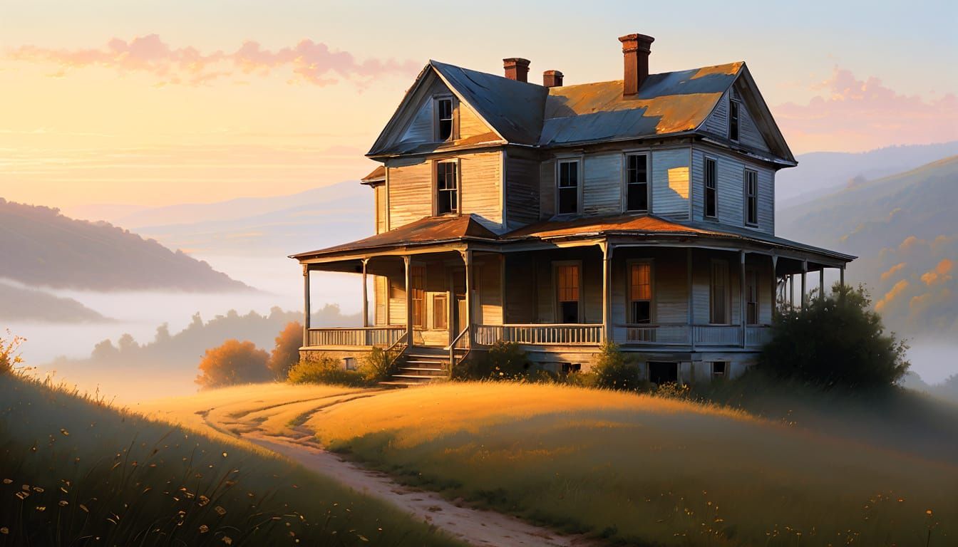 Painterly Abandoned House at Dawn Over Valley