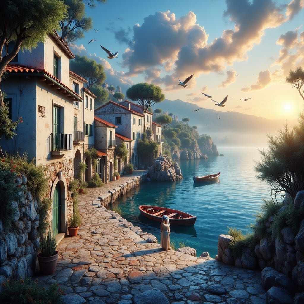 Peaceful Italian Seaside Village at Sunrise, Monet Klee Gurs...