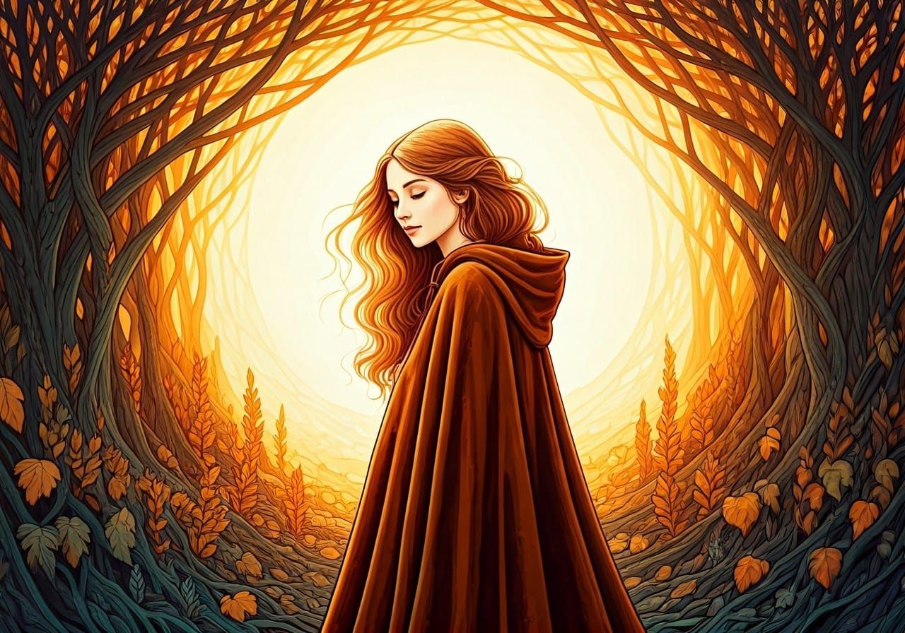 Whimsical Autumnal Woman in Mystical Landscape