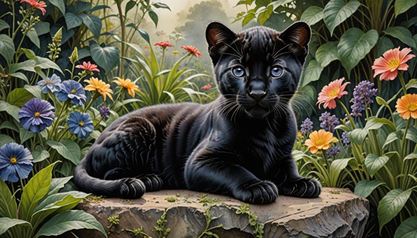 Hyperrealistic Black Panther Kitten in a Whimsical Garden