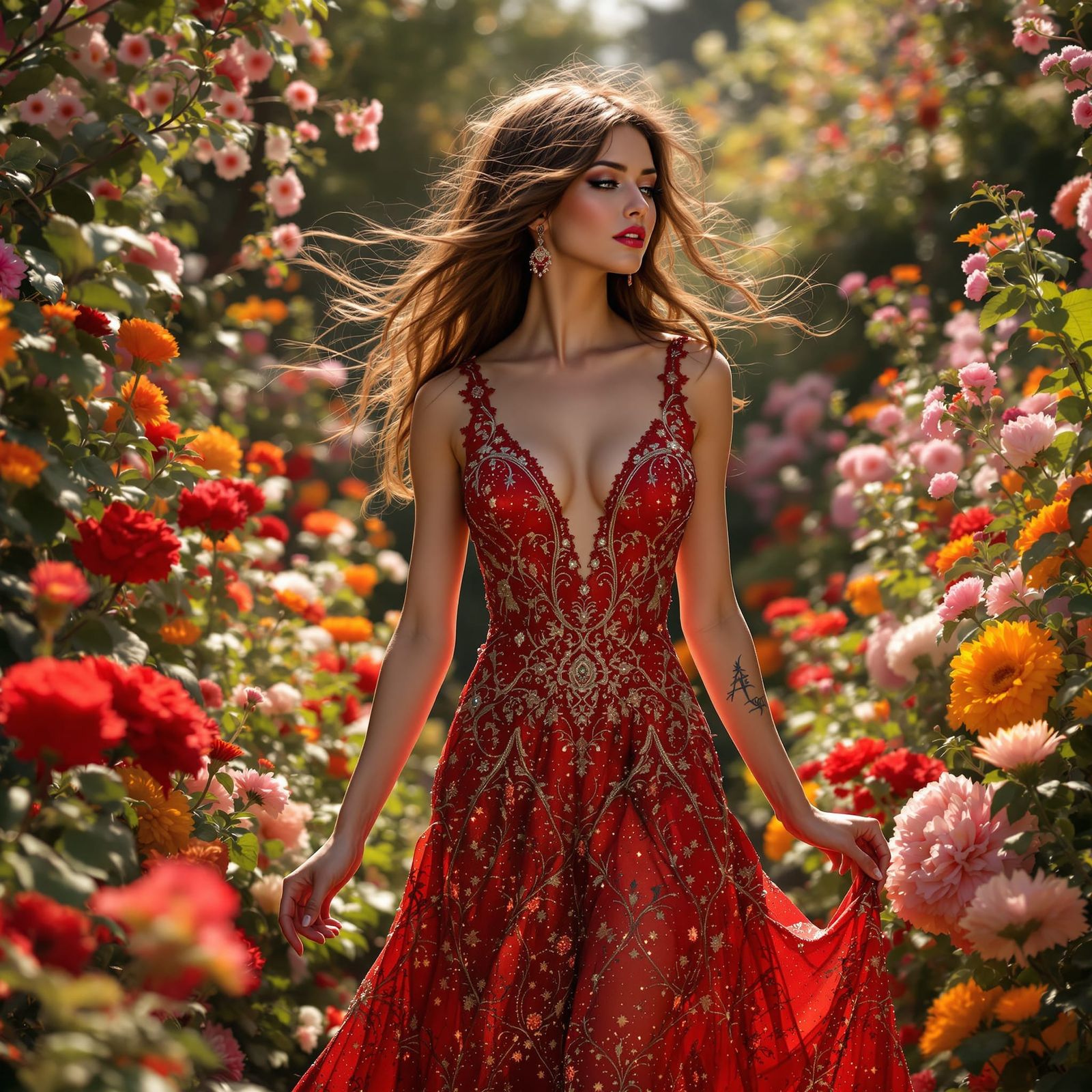 Beautiful Woman in Shiny Red Dress in Lush Garden
