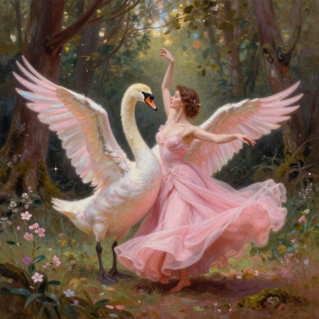Elegant Woman and Pink Swan Dance in Sunlit Forest
