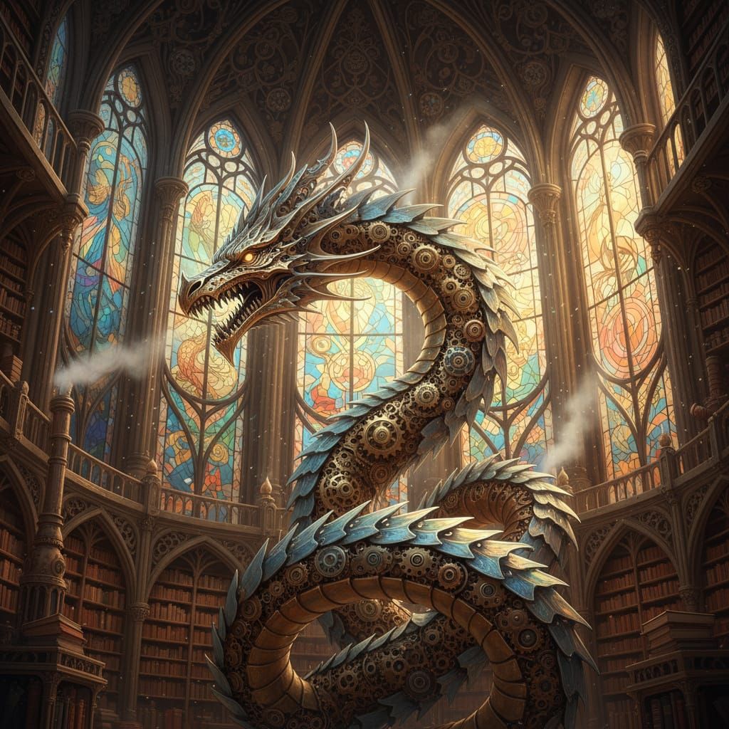 Clockwork Dragon Guards Ancient Gothic Library