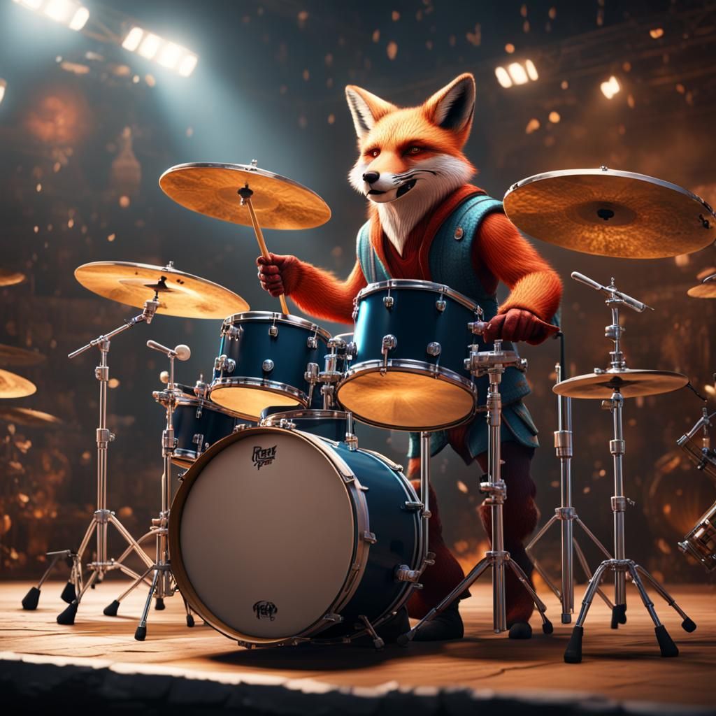 Fox-Man Drummer: Detailed Matte Painting in 8K