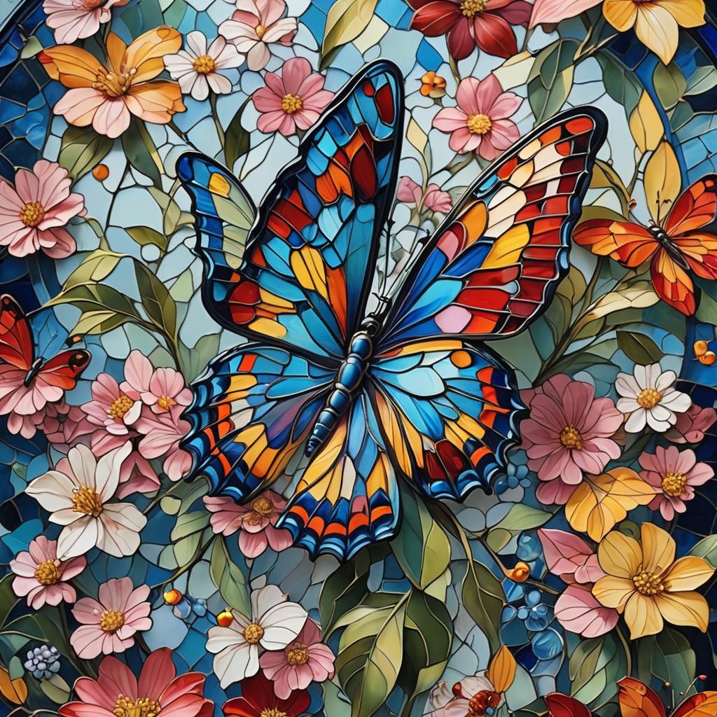 Stained-Glass Butterfly Close-up in Hyper-Realistic Style