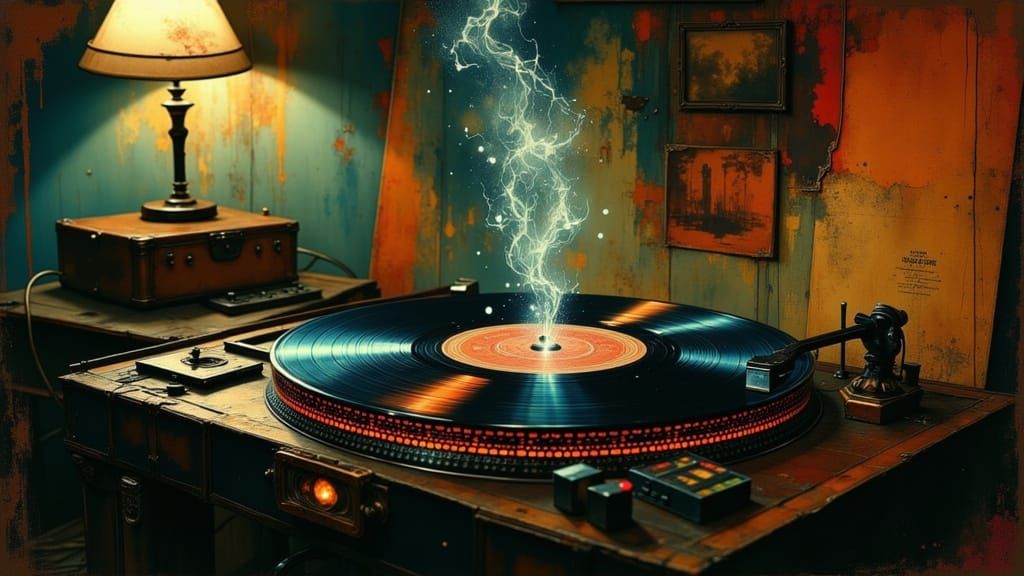 Vintage Vinyl Record with Swirling Song Lyrics