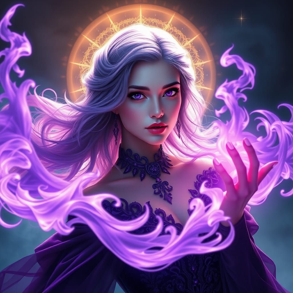 Mystical Woman Conjuring Purple Flames
