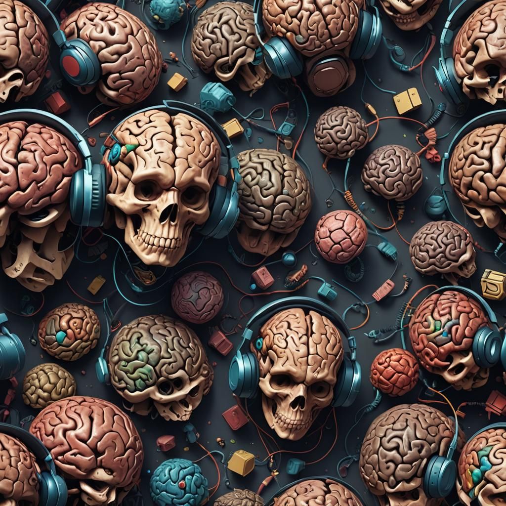 Human Brains Wearing Headphones in Detailed Digital Art