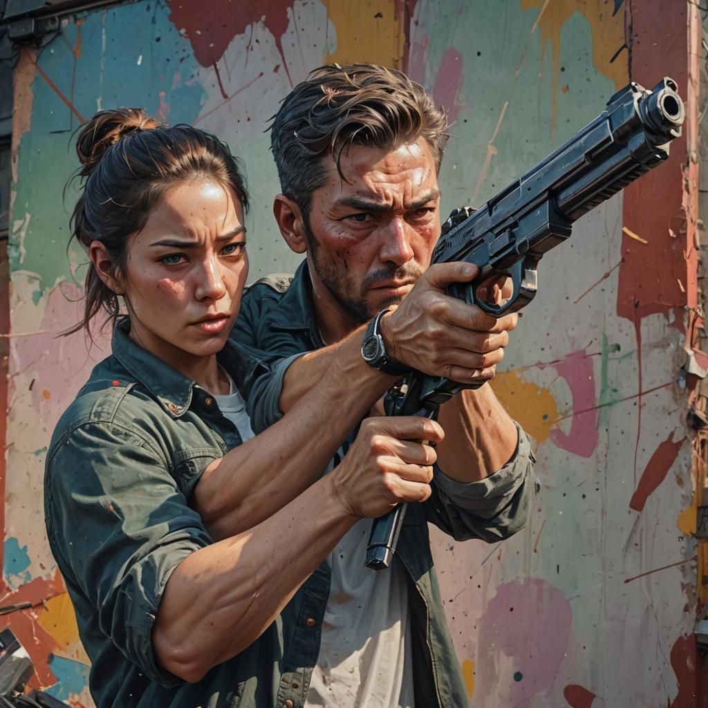 Hyperrealistic Person Holding Oversized Firearm