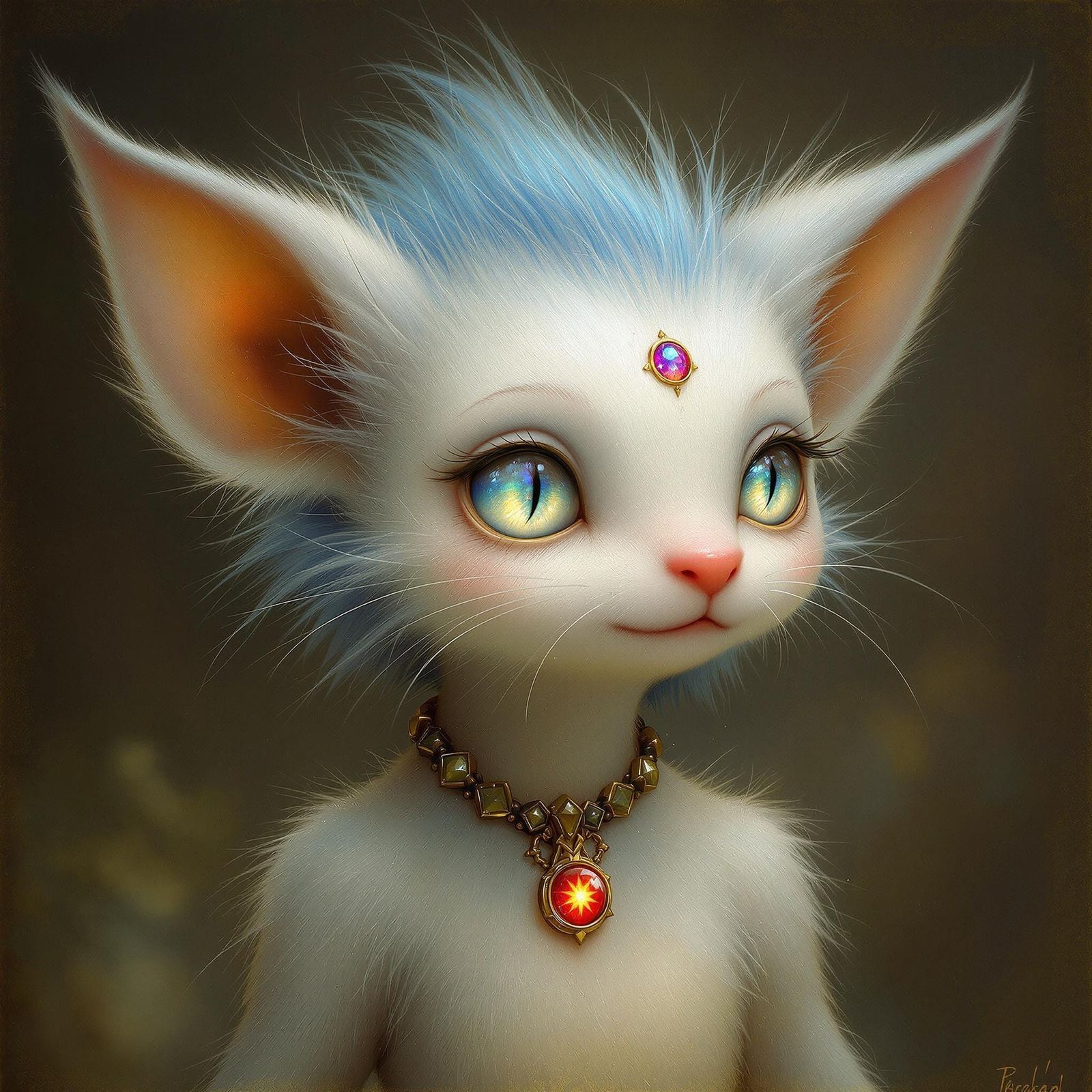 A mystical being with a visage reminiscent of a gentle moon, possessing a round face with an ethereal glow, large, lumin...