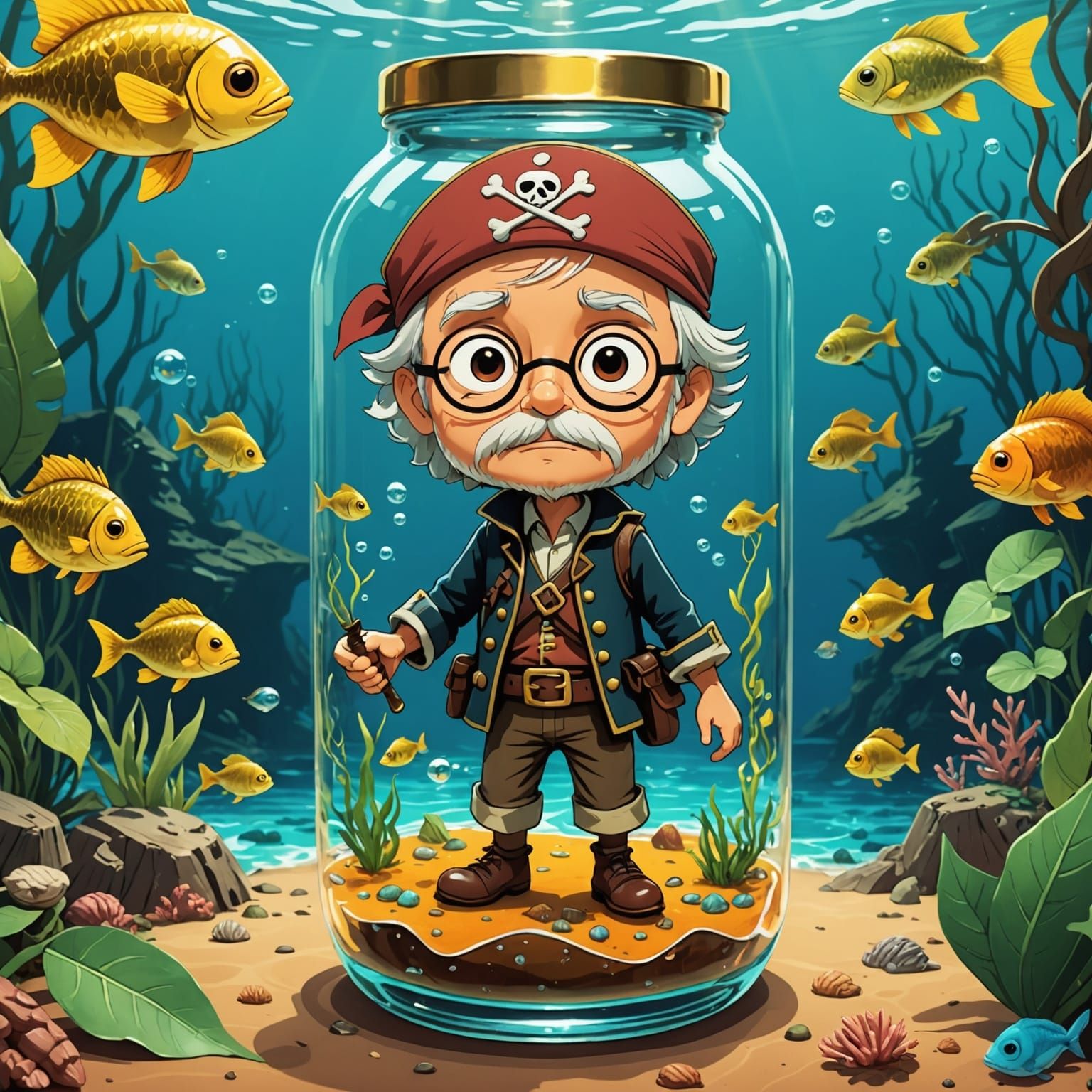 Whimsical Pirate Sailing Golden Ocean in a Bottle, Miyazaki ...