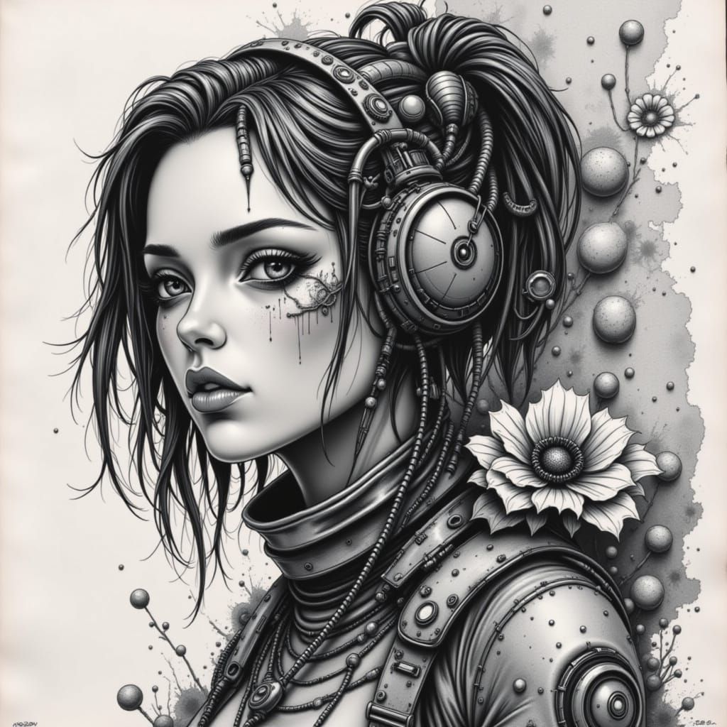 Cyberpunk Girl with Wasp Theme, Ink & Charcoal Style