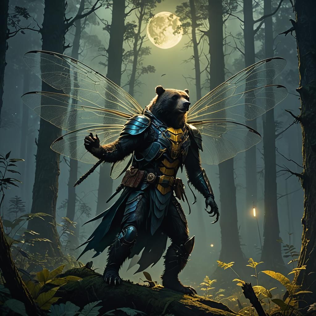 Bear-Dragonfly Hybrid Rogue in Misty Forest