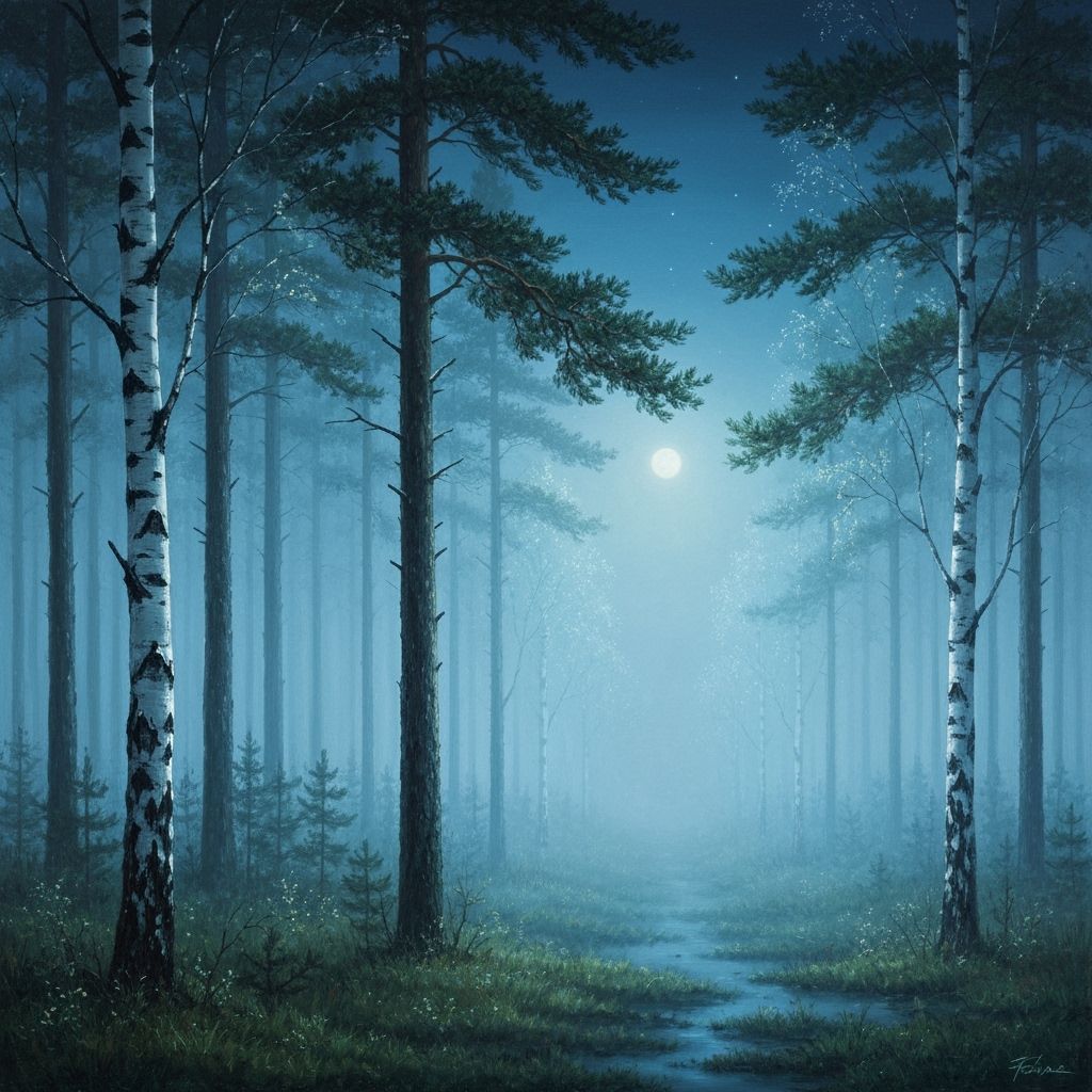 Ethereal Moonlit Forest Oil Painting