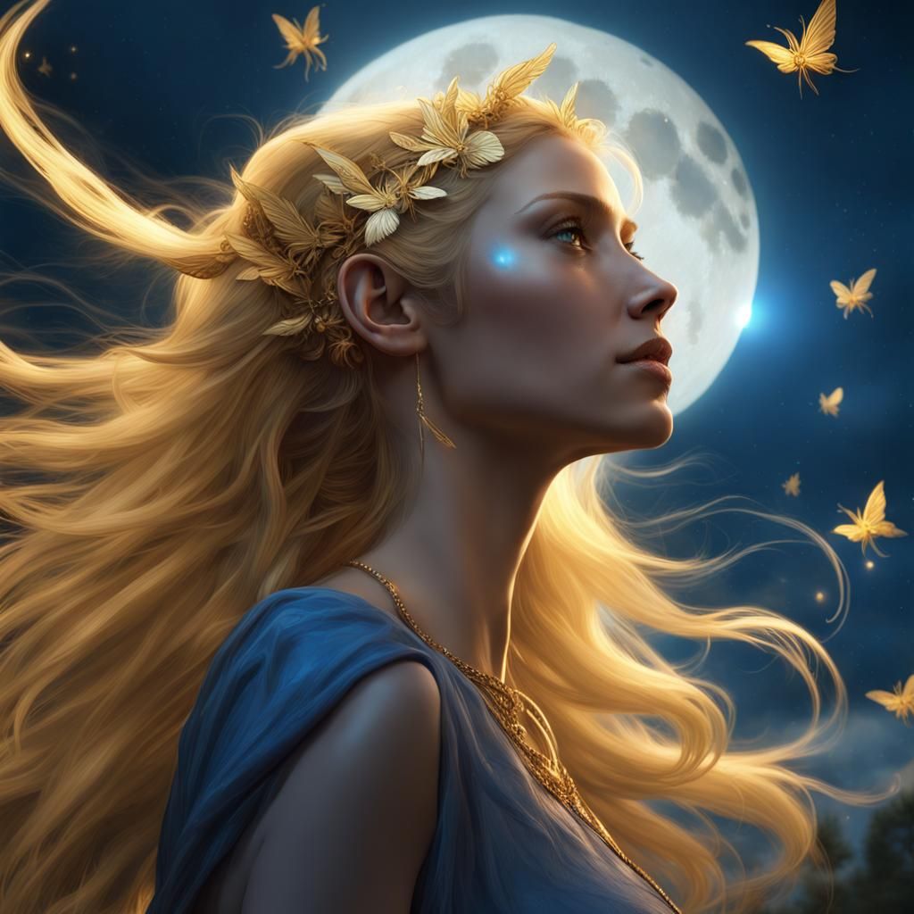 Golden Haired Woman with Fairies and Moon