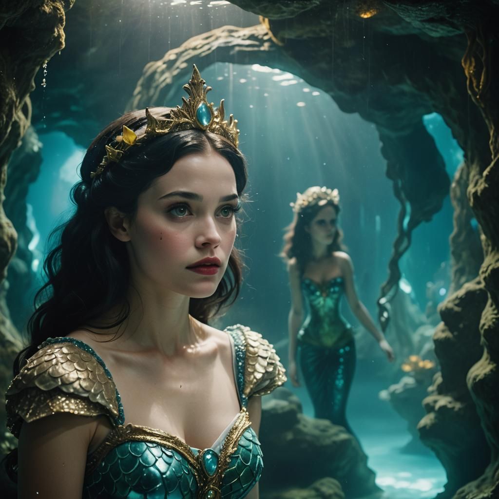Snow White Space Mermaid in Underwater Cave