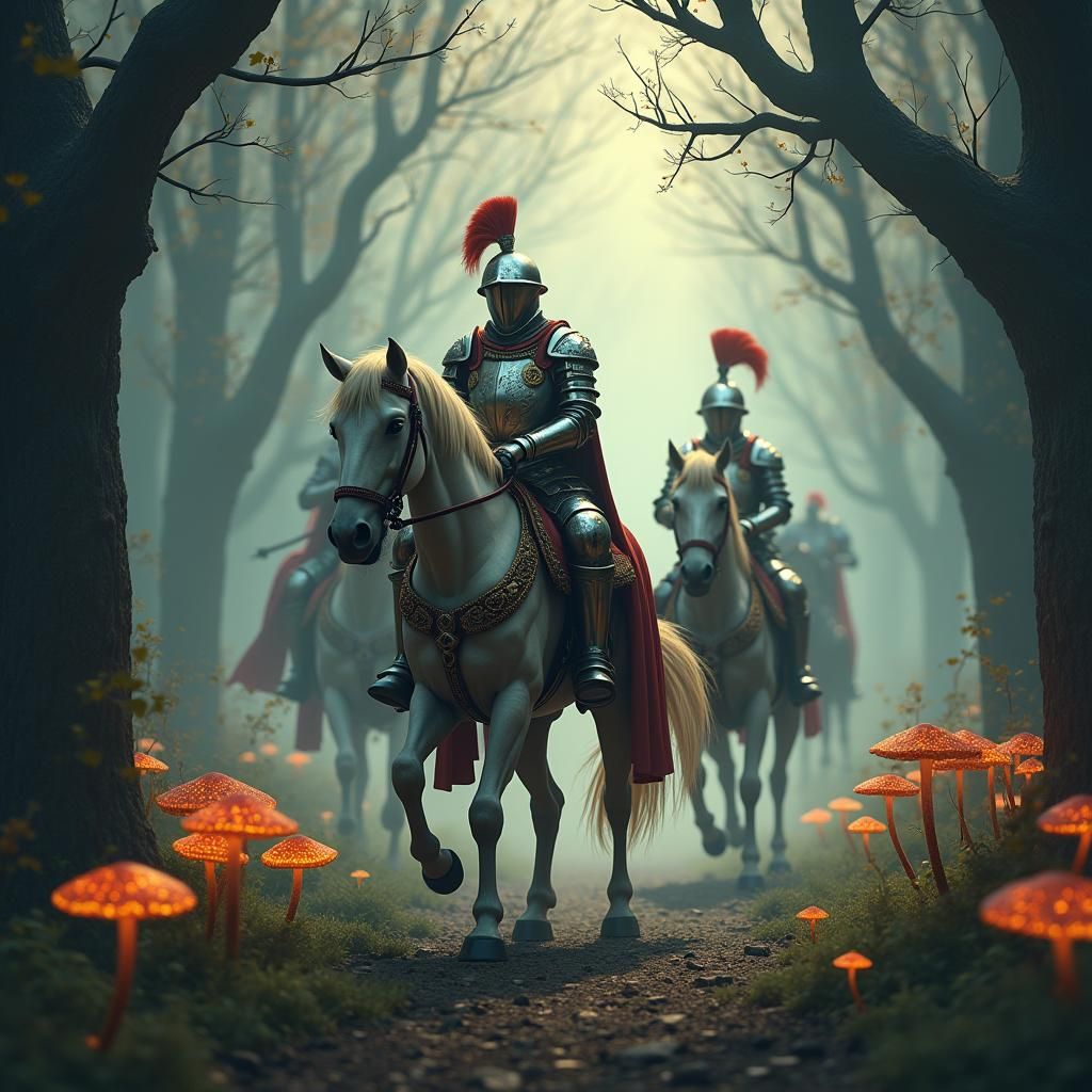 Knights Patrol Mystical Forest in Dreamlike Style