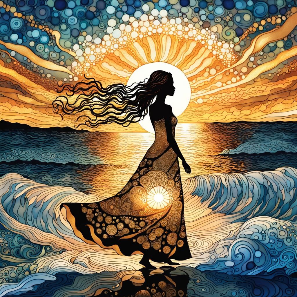 Woman in Flowing Dress at Sunset, Zentangle Style