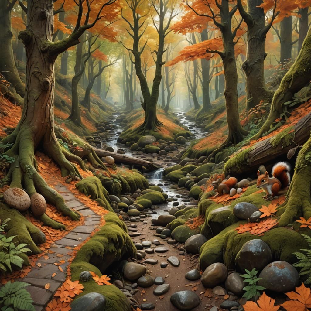 Autumnal Forest Path with Squirrels in Hyperrealism