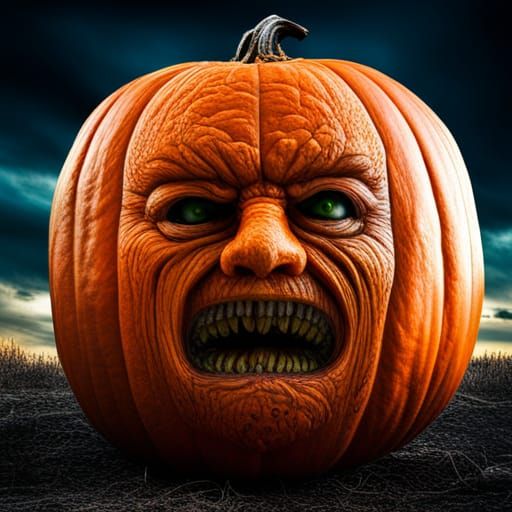 Hyperrealistic Pumpkin Monster in a Dark, Moody Night
