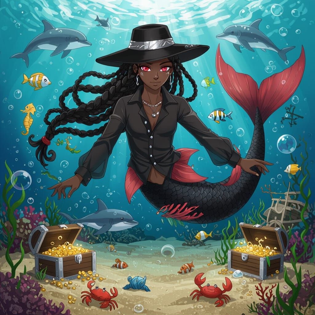 Anime Merman with Black Tail and Sun Hat
