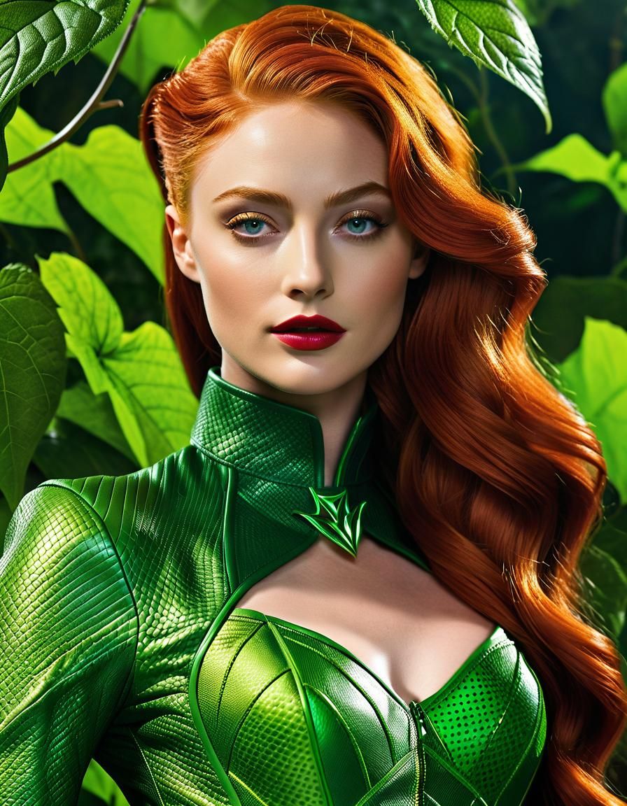 Realistic Portrait of Woman in Green Leather Outfit
